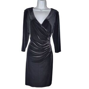 Chaps Velvet Velour Faux Wrap Ruched Long Sleeve Knee Length Black Dress 10 NWT